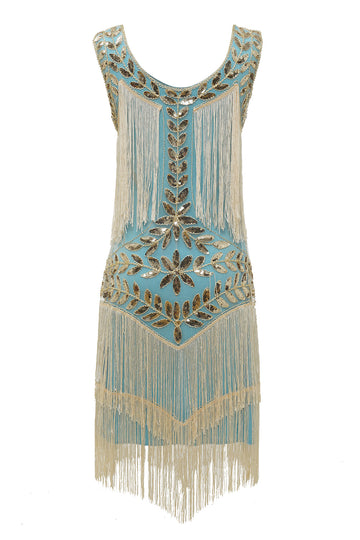 Blue Apricot Gatsby 1920s Dress with Sequins and Fringes